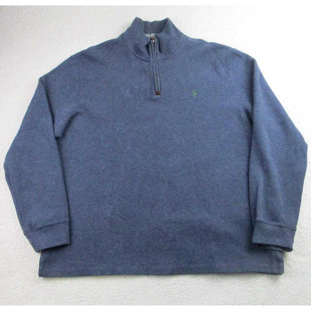 Polo Ralph Lauren Sweater Mens 2XL Blue 1/4 Zip Pullover‎ Green Pony Logo Cotton